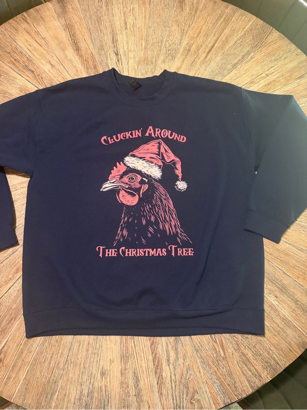 Christmas Chicken Santa Sweatshirt Large Cluckin Around the Christmas Tree Large